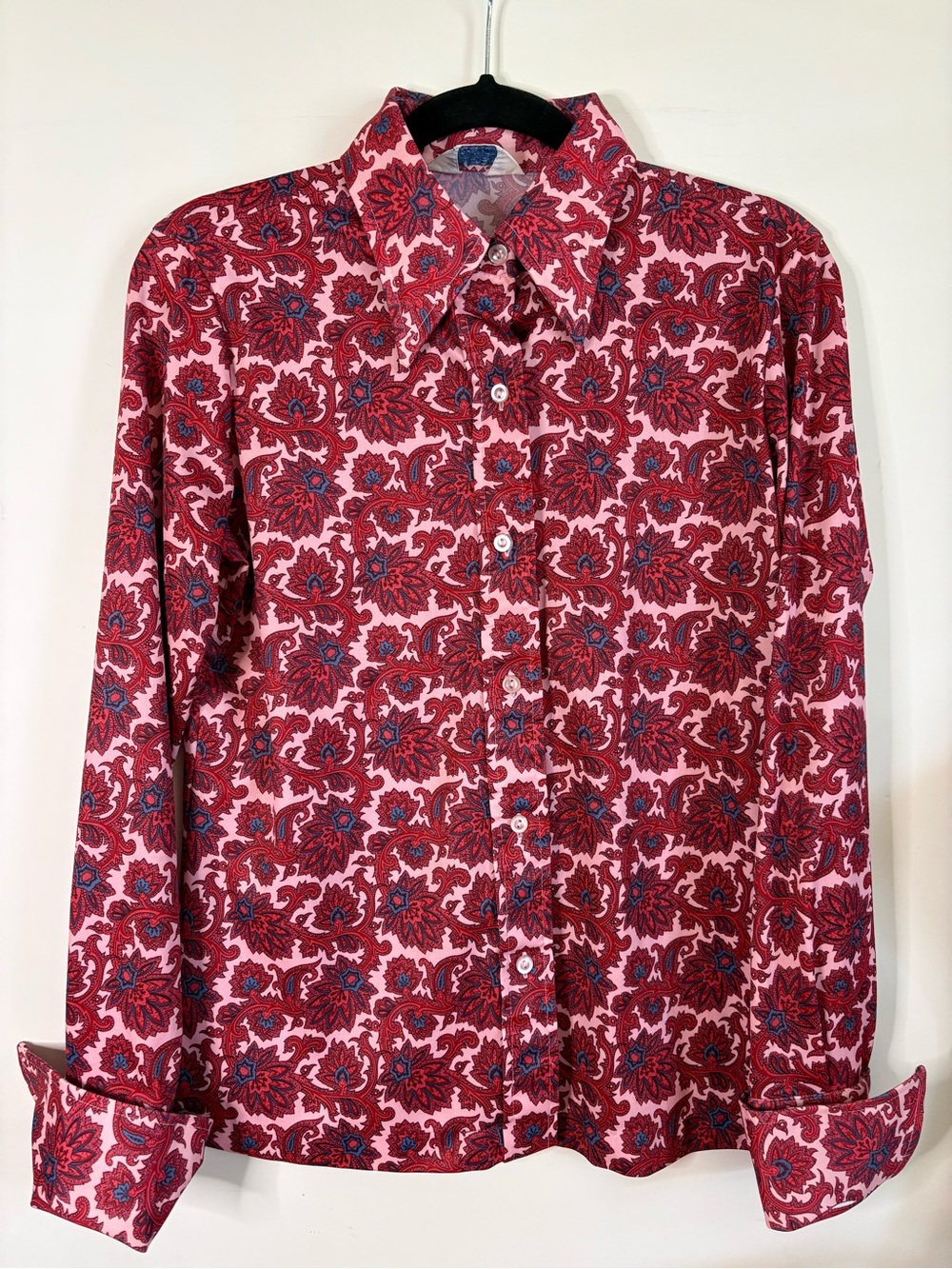 VTG Sears Perma-Prest 70s Red & Pink Floral Long-Sleeve Button-Up Shirt Cuffs